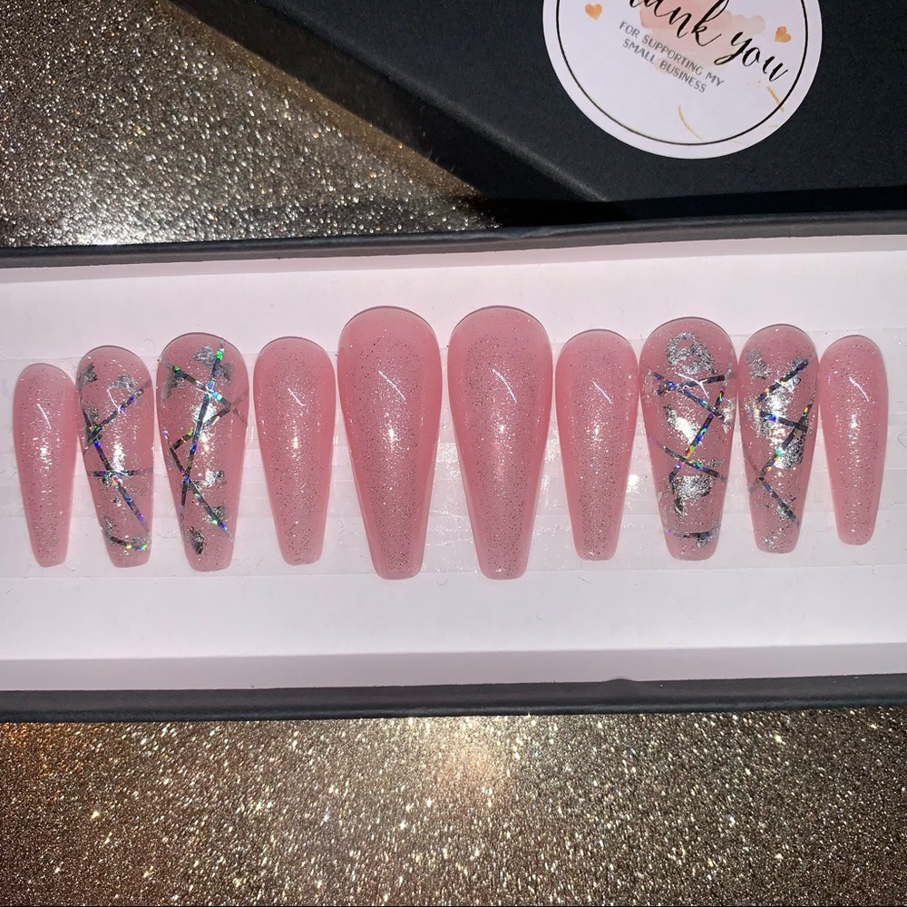 Bandage Inspired XL Sculpted Coffin Pink Holographic Shimmer Custom Press Ons - Picture 5 of 5